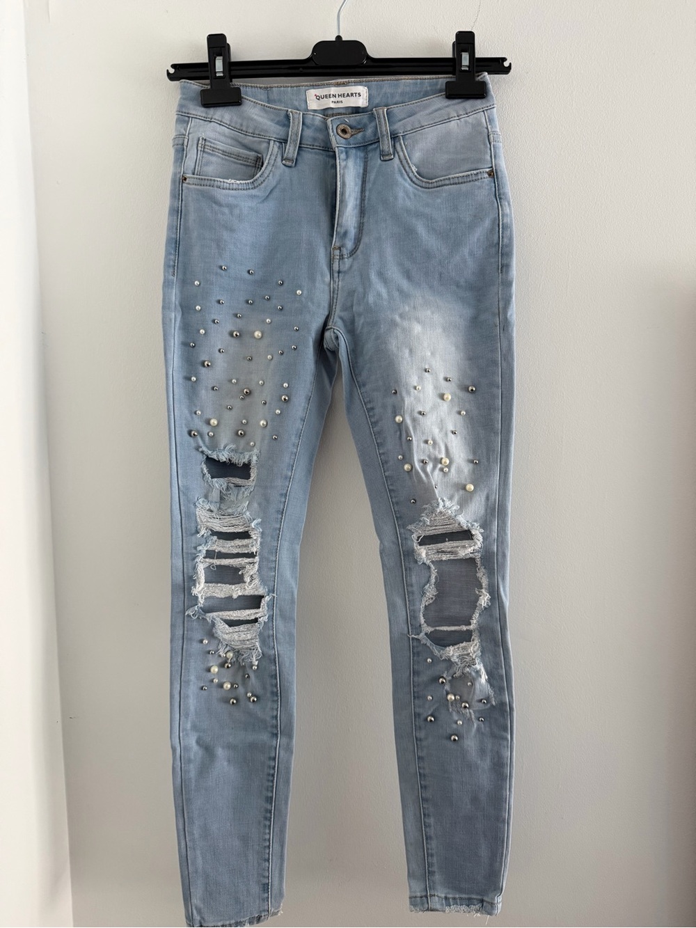 Light Blue Distressed Skinny Jeans with Stud Detail